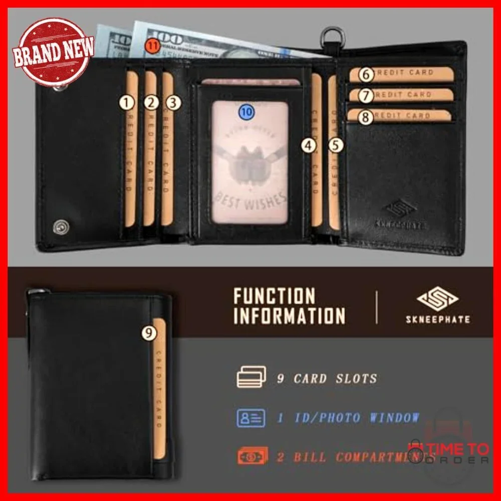 Men's Trifold Wallet With Detachable Chain RFID Blocking Leather